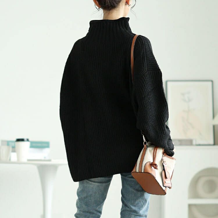 大きいサイズ レディース ハイネックサイドボタンリブニット　wn-0221