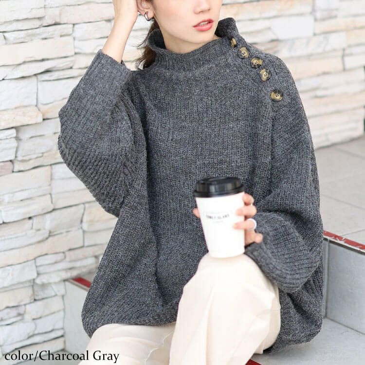 大きいサイズ レディース ハイネックサイドボタンリブニット　wn-0221