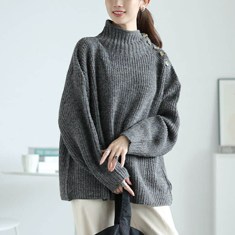 大きいサイズ レディース ハイネックサイドボタンリブニット　wn-0221