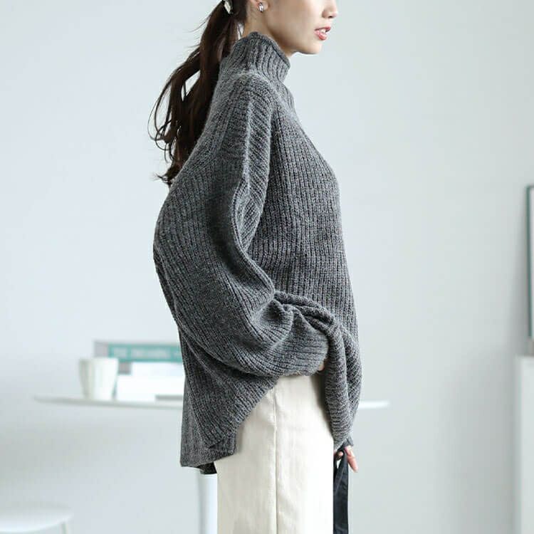 大きいサイズ レディース ハイネックサイドボタンリブニット　wn-0221