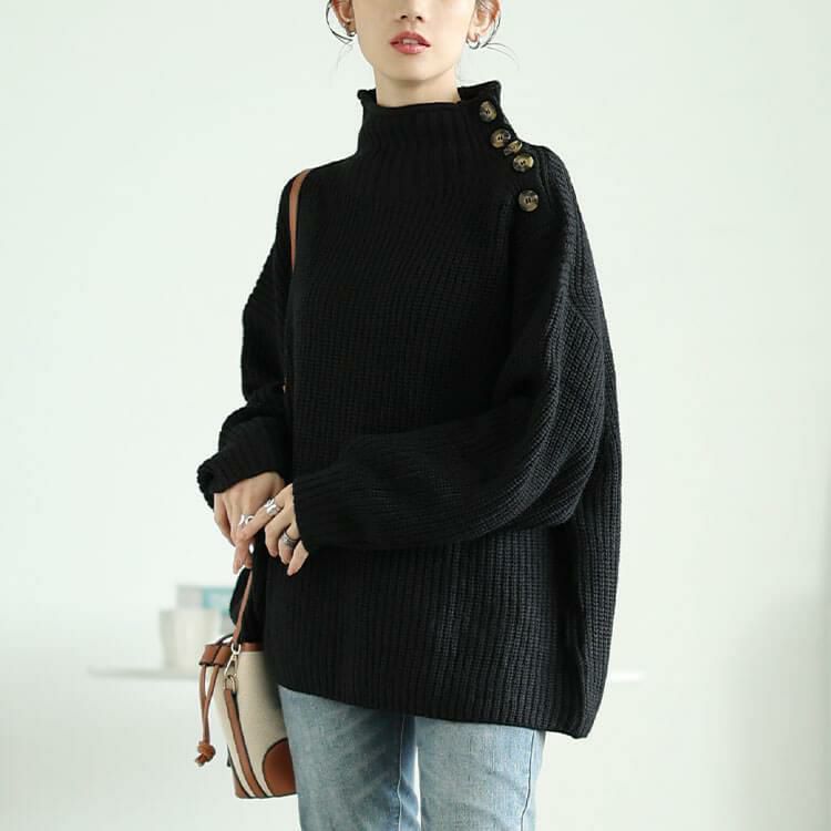 大きいサイズ レディース ハイネックサイドボタンリブニット　wn-0221 ブラック