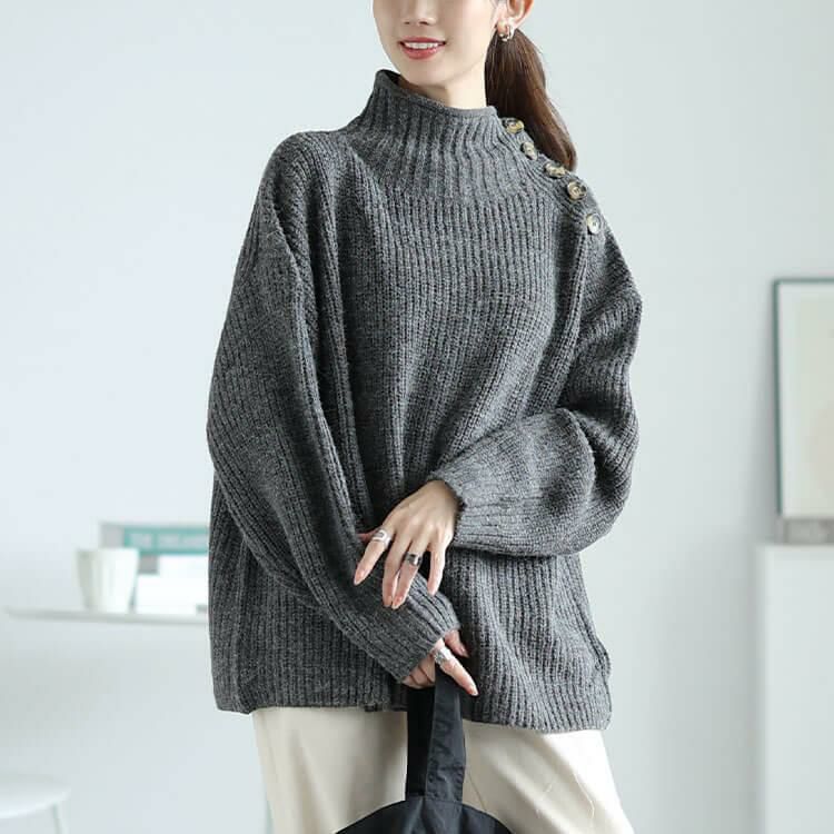 大きいサイズ レディース ハイネックサイドボタンリブニット　wn-0221 チャコールグレー
