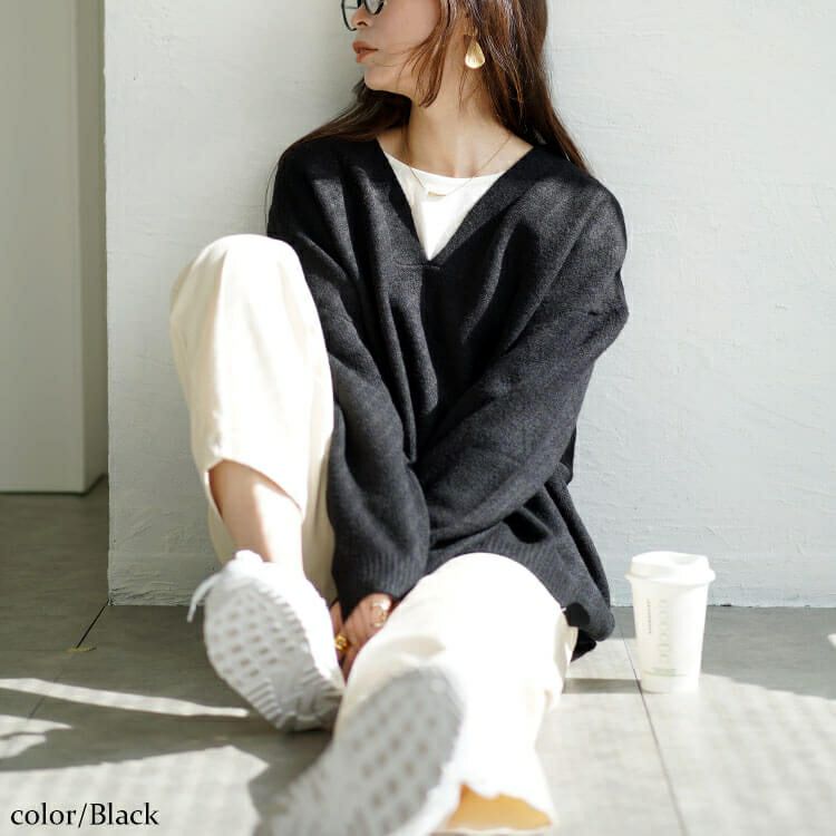 大きいサイズ レディース ドロップショルダー深Vネックセーター　wn-0220