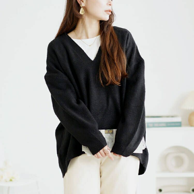 大きいサイズ レディース ドロップショルダー深Vネックセーター　wn-0220