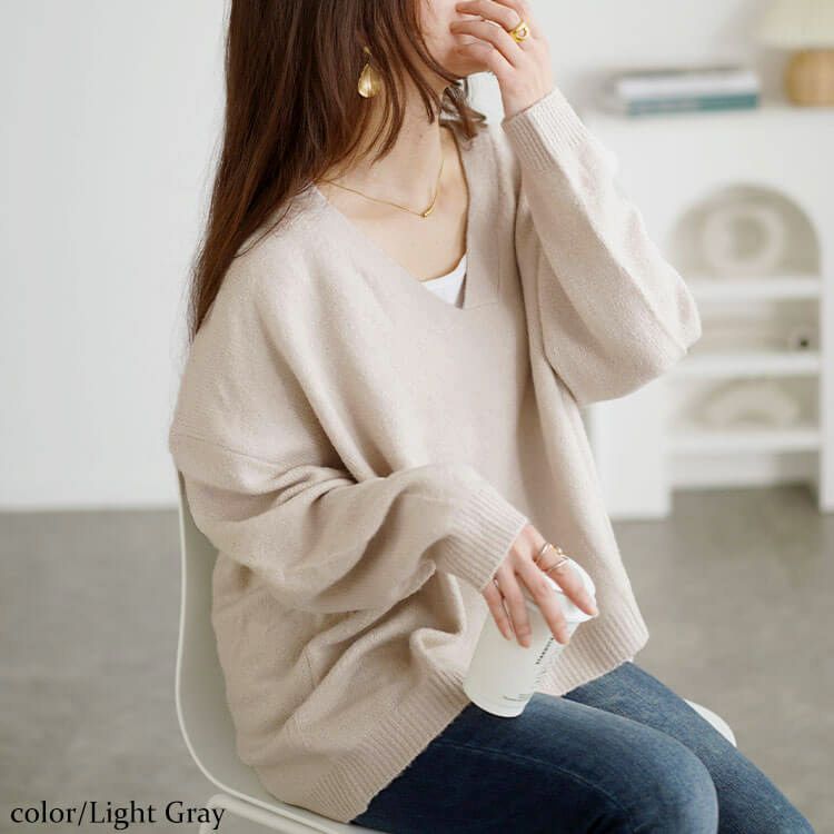 大きいサイズ レディース ドロップショルダー深Vネックセーター　wn-0220