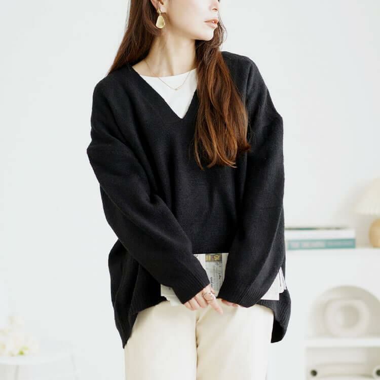 大きいサイズ レディース ドロップショルダー深Vネックセーター　wn-0220 ブラック
