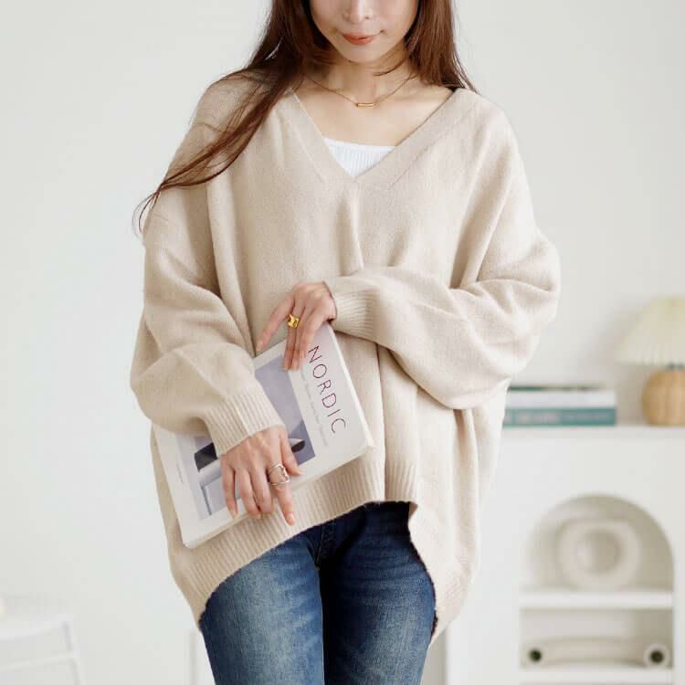 大きいサイズ レディース ドロップショルダー深Vネックセーター　wn-0220 ライトグレー