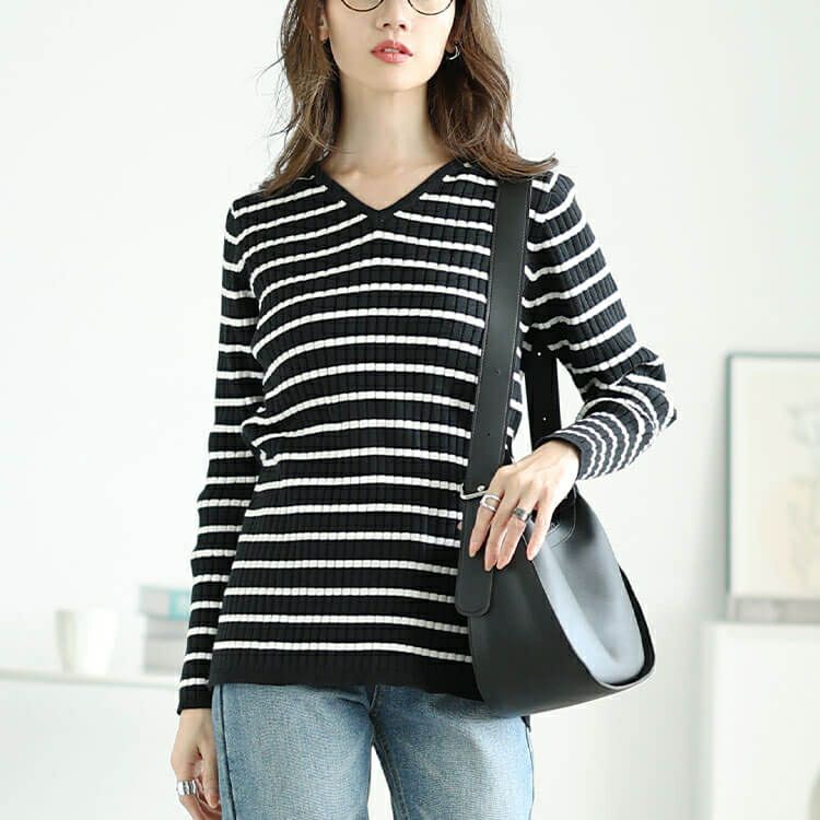 大きいサイズ レディース Vネックボーダーコットンリブニット　wn-0213
