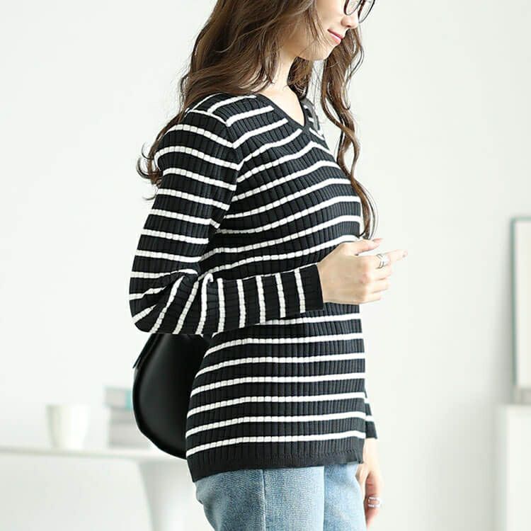 大きいサイズ レディース Vネックボーダーコットンリブニット　wn-0213