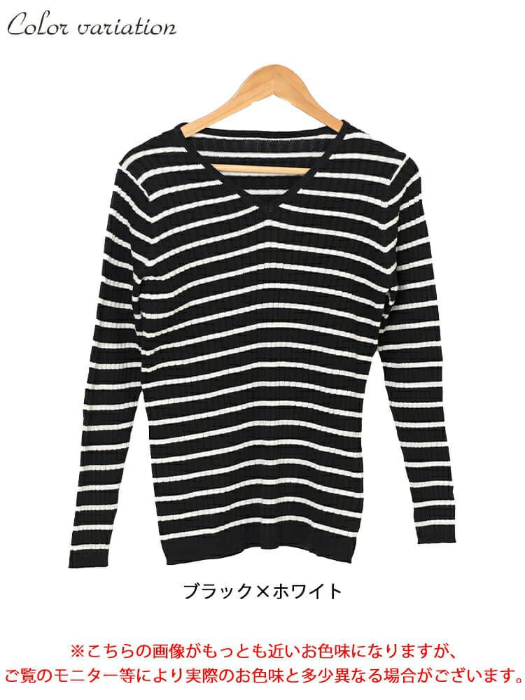 大きいサイズ レディース Vネックボーダーコットンリブニット　wn-0213