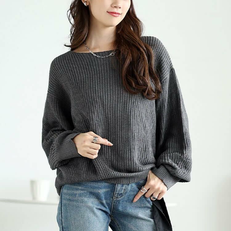 大きいサイズ レディース ボートネックドルマンリブニット　wn-0203 杢グレー