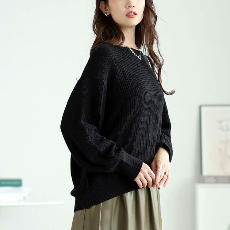 大きいサイズ レディース ボートネックドルマンリブニット　wn-0203 ブラック