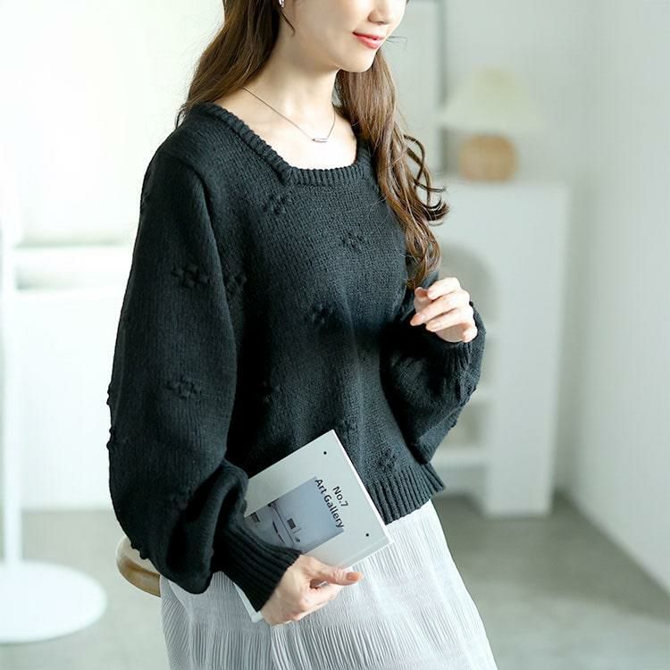 大きいサイズ レディース ボリューム袖スクエアネックニット　bro-0052 ブラック