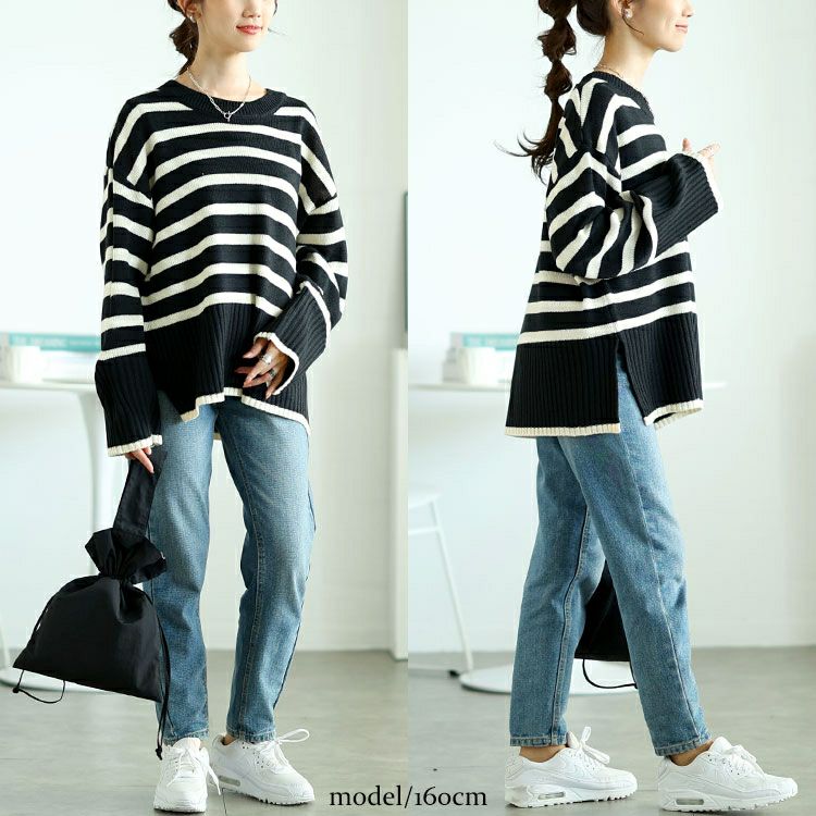 大きいサイズ レディース サイドスリットボーダーニット　bro-0051