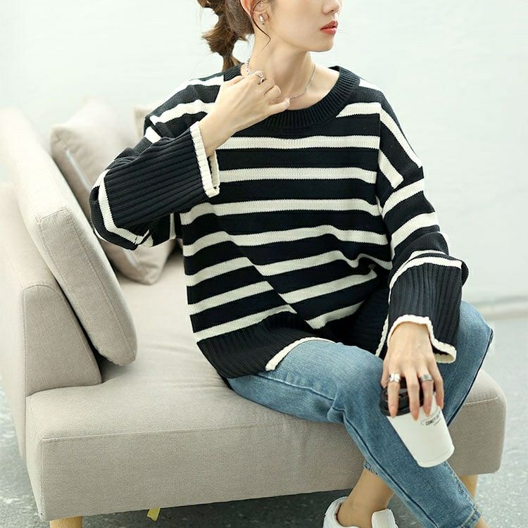 大きいサイズ レディース サイドスリットボーダーニット　bro-0051