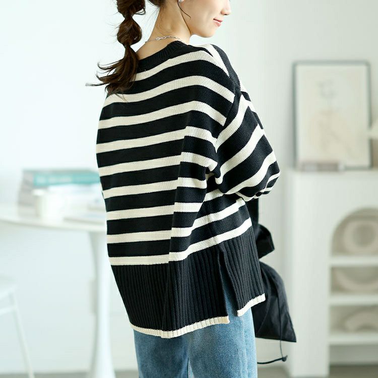 大きいサイズ レディース サイドスリットボーダーニット　bro-0051