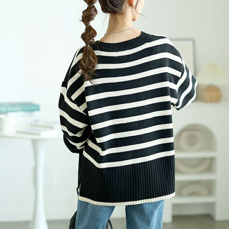 大きいサイズ レディース サイドスリットボーダーニット　bro-0051