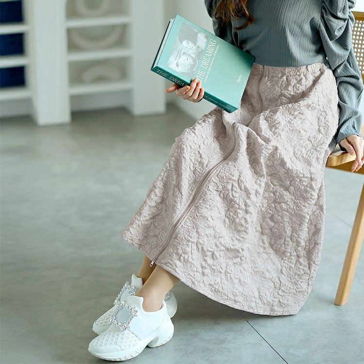 大きいサイズ レディース フロントジップふくれジャガードスカート　bro-0056