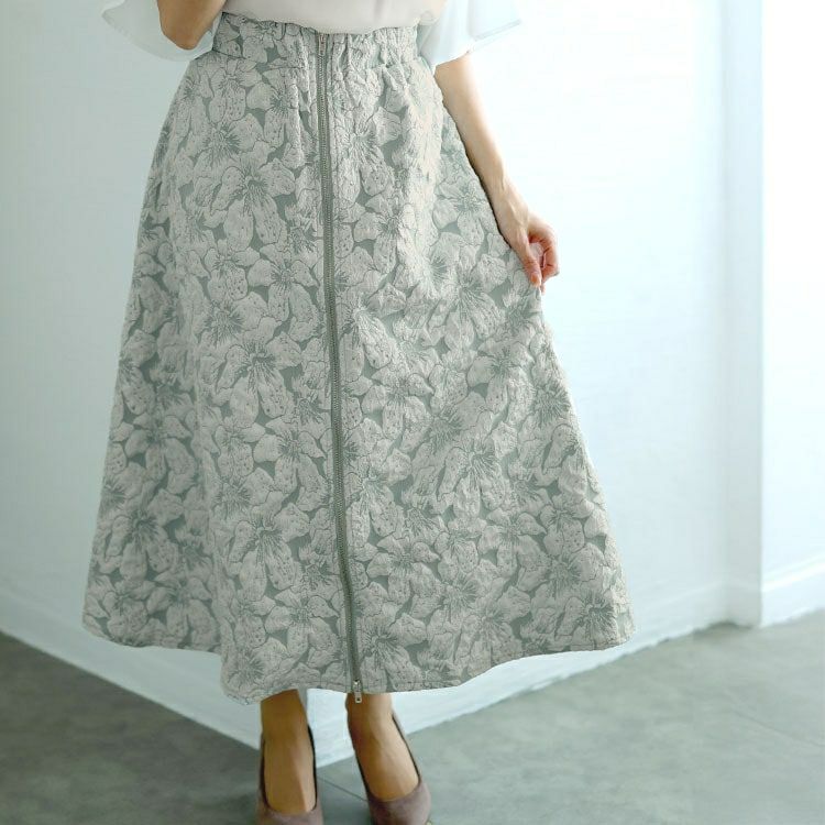 大きいサイズ レディース フロントジップふくれジャガードスカート　bro-0056