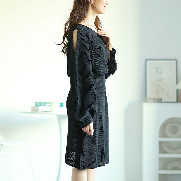 大きいサイズ レディース ショルダーカットニットワンピース　fem-542