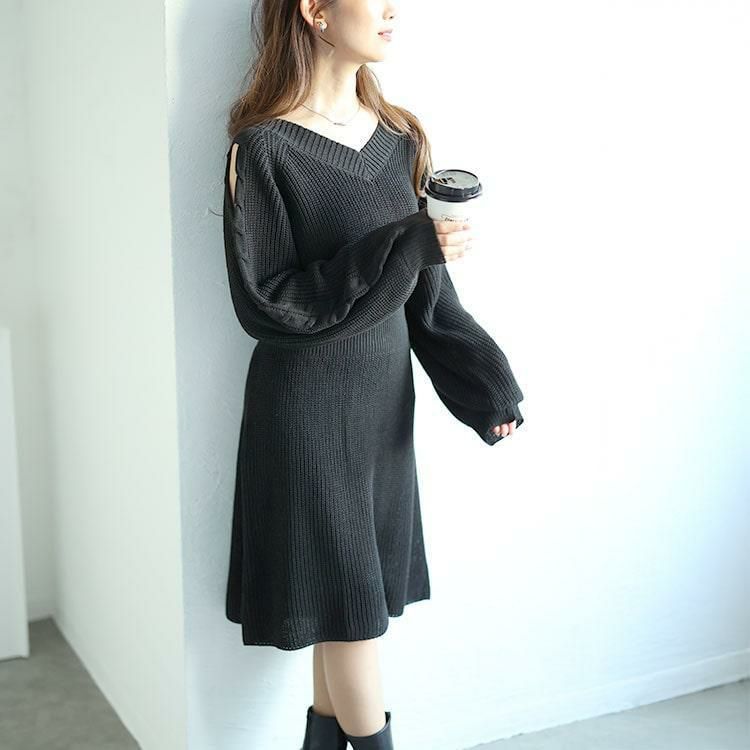 大きいサイズ レディース ショルダーカットニットワンピース　fem-542 ブラック