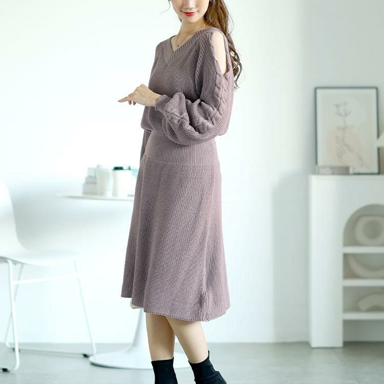 大きいサイズ レディース ショルダーカットニットワンピース　fem-542 パープル