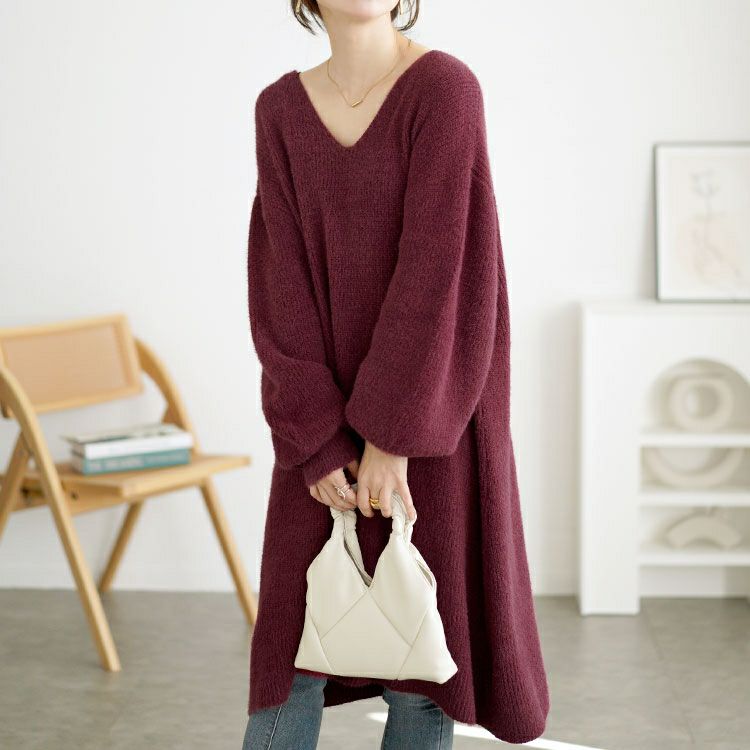 大きいサイズ レディース Vネックニットチュニックワンピース　fem-540