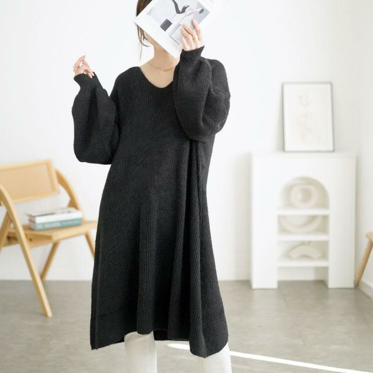 大きいサイズ レディース Vネックニットチュニックワンピース　fem-540 ブラック