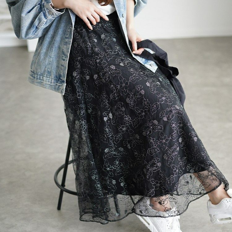 大きいサイズ レディース ラメ花柄刺繍チュールフレアスカート　maru-30102