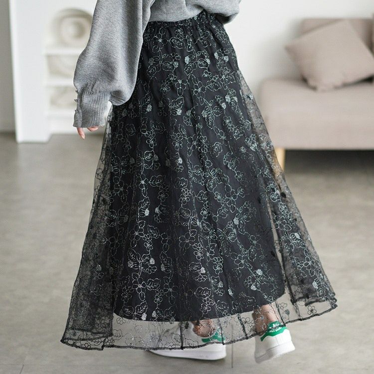大きいサイズ レディース ラメ花柄刺繍チュールフレアスカート　maru-30102