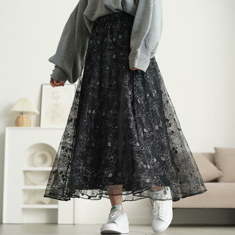大きいサイズ レディース ラメ花柄刺繍チュールフレアスカート　maru-30102 ラメブラック