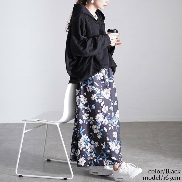 大きいサイズ レディース 花柄ドッキングパーカーワンピース　sw-0699 ブラック