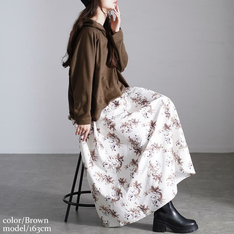 大きいサイズ レディース 花柄ドッキングパーカーワンピース　sw-0699 ブラウン