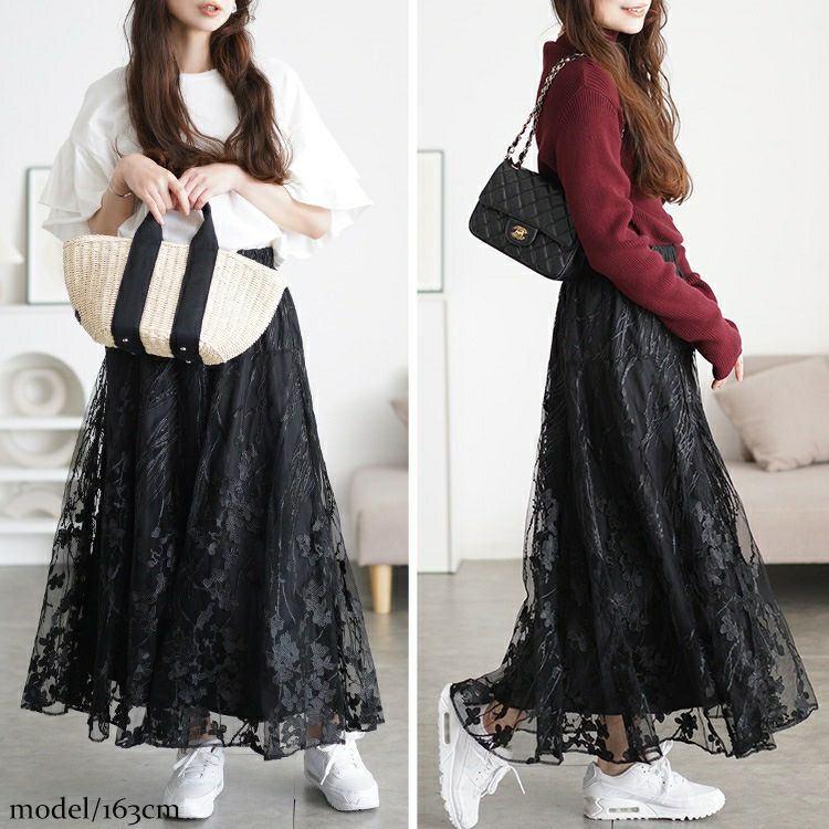 大きいサイズ レディース 花柄刺繍チュールフレアスカート　maru-30101