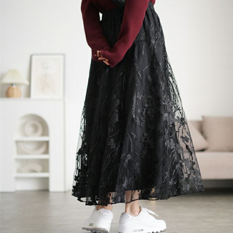 大きいサイズ レディース 花柄刺繍チュールフレアスカート　maru-30101