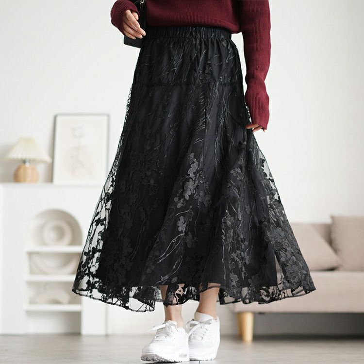 大きいサイズ レディース 花柄刺繍チュールフレアスカート maru-30101