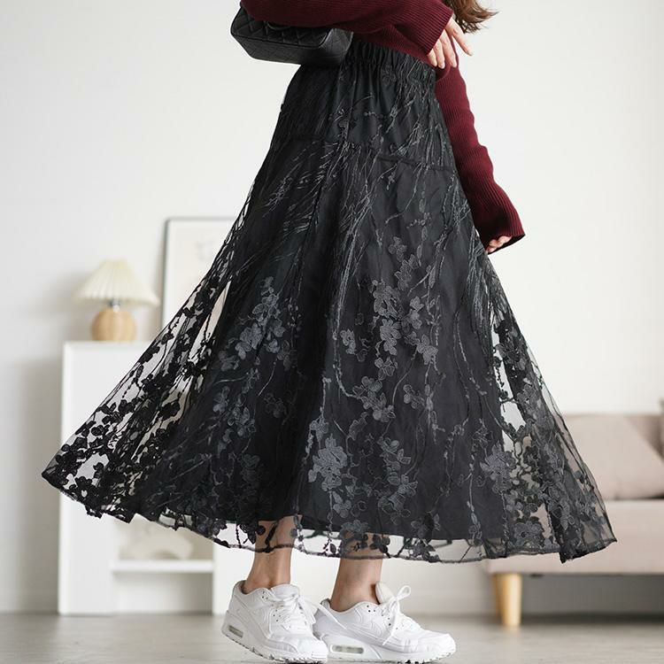 大きいサイズ レディース 花柄刺繍チュールフレアスカート　maru-30101 花ブラック