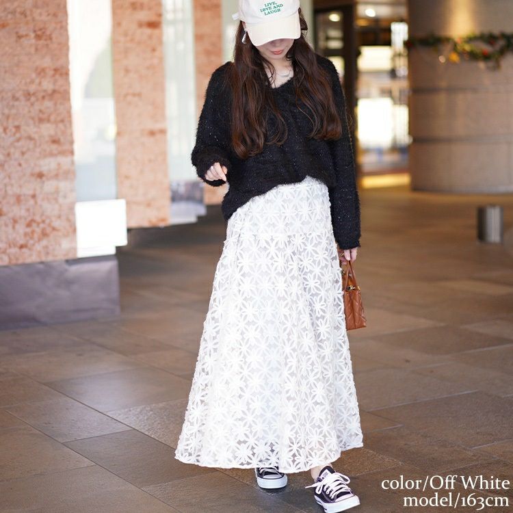 大きいサイズ レディース リボン刺繍チュールフレアスカート　maru-30100