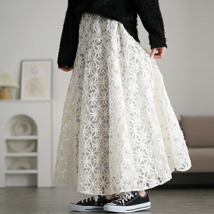 大きいサイズ レディース リボン刺繍チュールフレアスカート　maru-30100