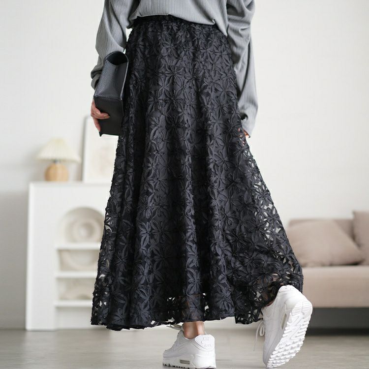 大きいサイズ レディース リボン刺繍チュールフレアスカート　maru-30100