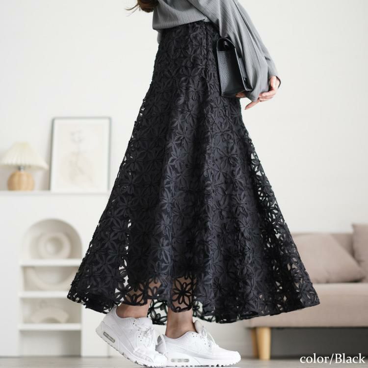 大きいサイズ レディース リボン刺繍チュールフレアスカート　maru-30100 ブラック