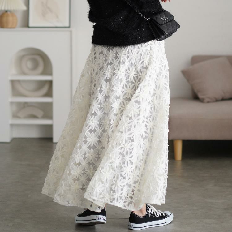 大きいサイズ レディース リボン刺繍チュールフレアスカート　maru-30100 オフホワイト