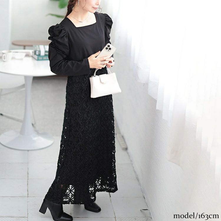 大きいサイズ レディース 刺繍チュール切り替えパワショルワンピース　maru-30099