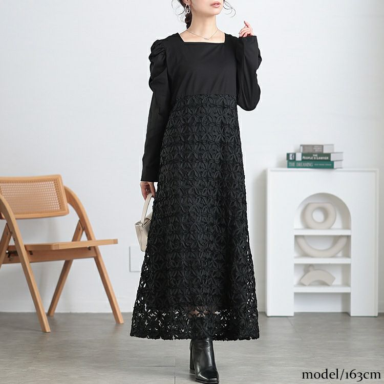 大きいサイズ レディース 刺繍チュール切り替えパワショルワンピース　maru-30099