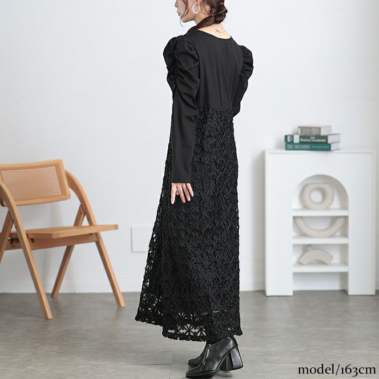 大きいサイズ レディース 刺繍チュール切り替えパワショルワンピース　maru-30099