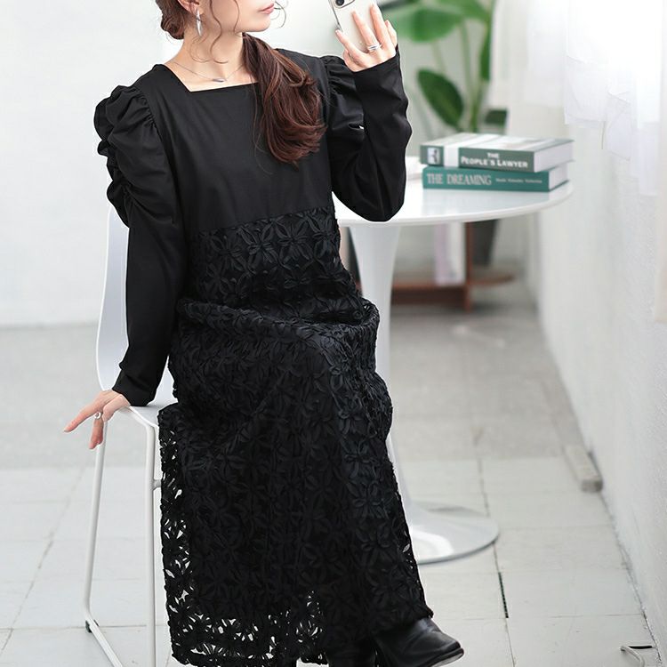 大きいサイズ レディース 刺繍チュール切り替えパワショルワンピース　maru-30099