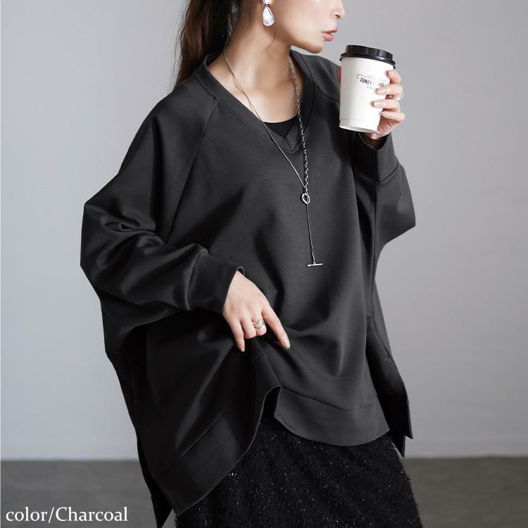 大きいサイズ レディース Vネックワイドドルマンプルオーバー　maru-30078 チャコール