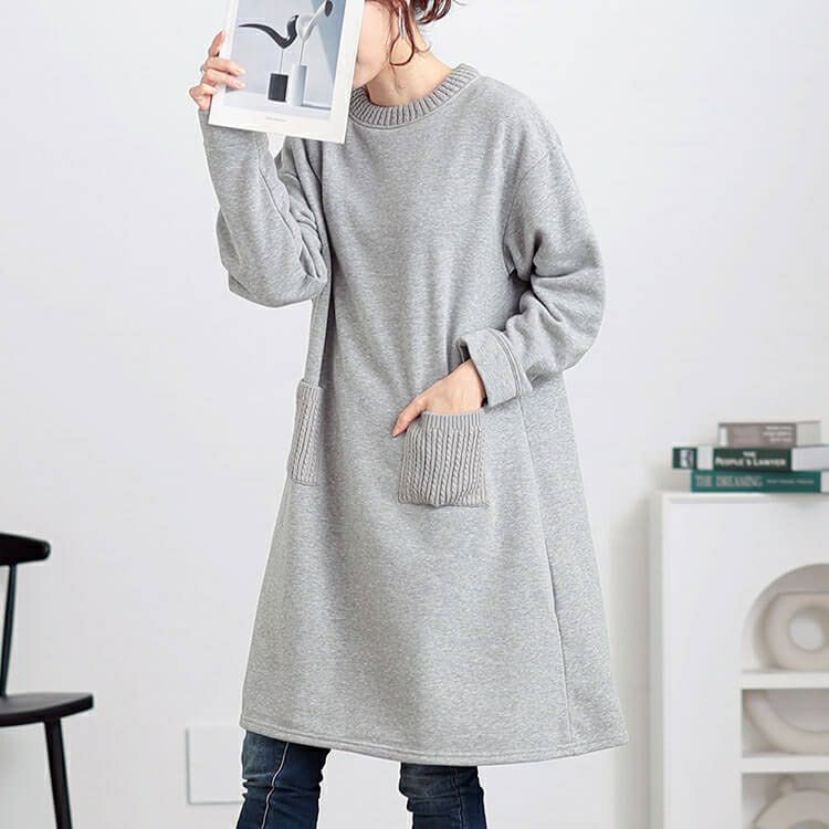 大きいサイズ レディース 裏起毛ケーブルニットポケットチュニック　cast-1648040
