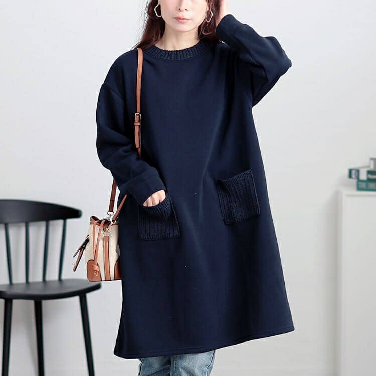 大きいサイズ レディース 裏起毛ケーブルニットポケットチュニック　cast-1648040