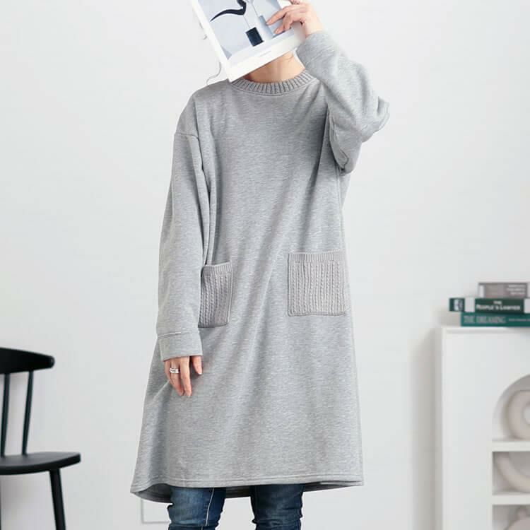 大きいサイズ レディース 裏起毛ケーブルニットポケットチュニック　cast-1648040 グレー
